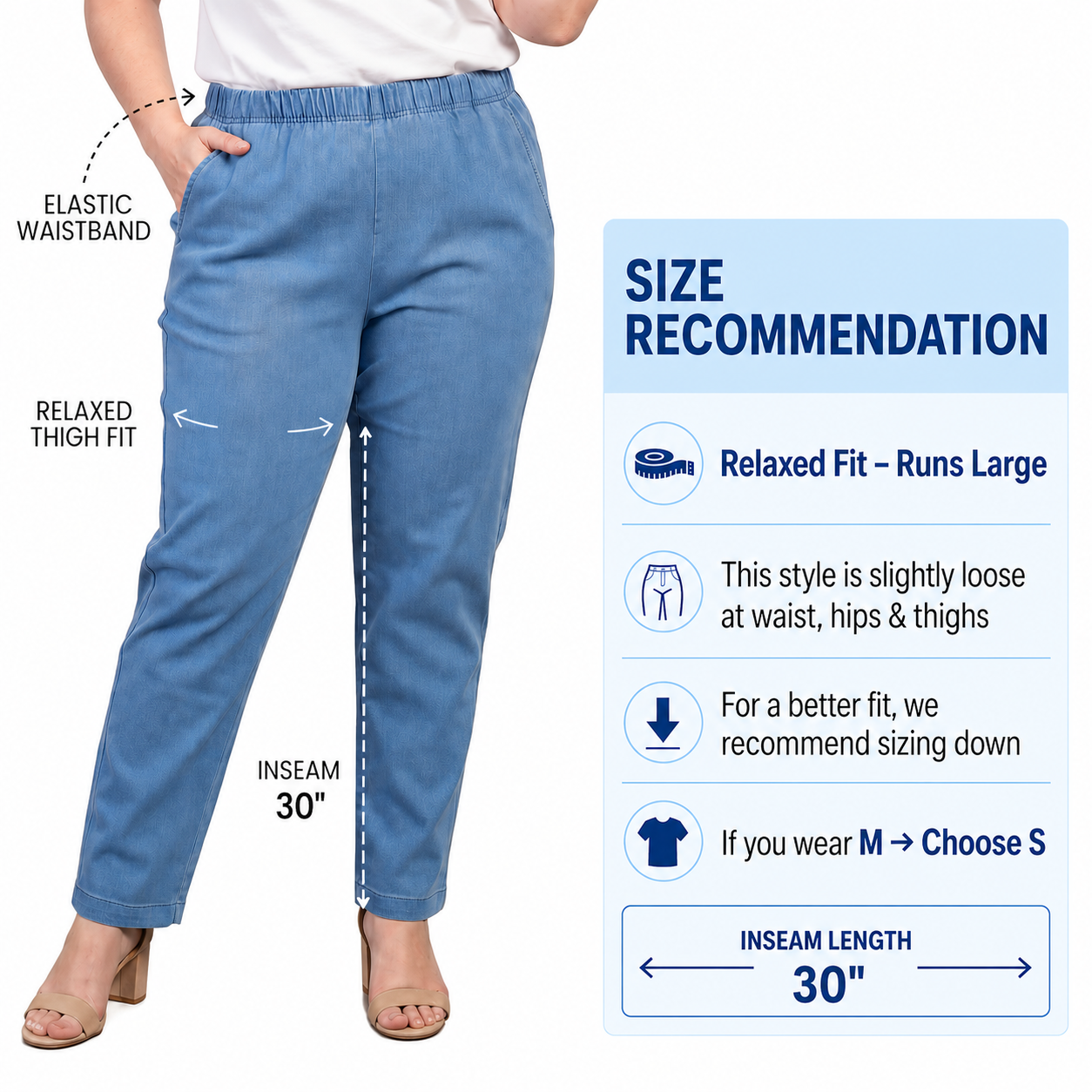 Turtle Bay New York Women's Lightweight Pull-On Denim Jeans with Elastic Waist size recommendation