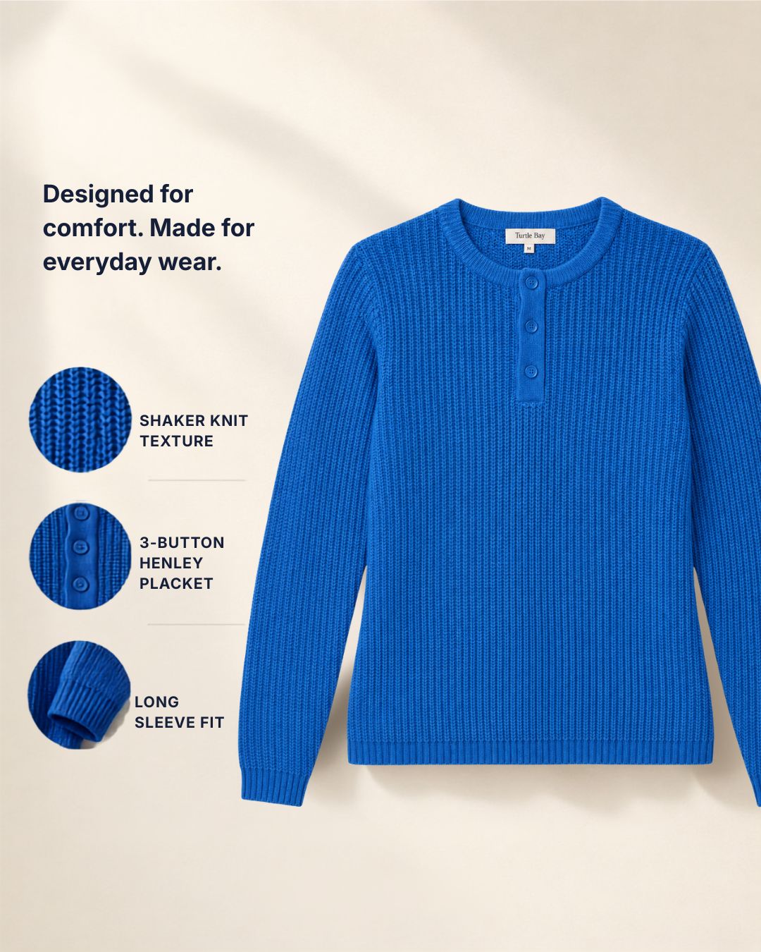 Women's Long Sleeve Henley Shaker Knit Sweater — 3-Button Placket 4