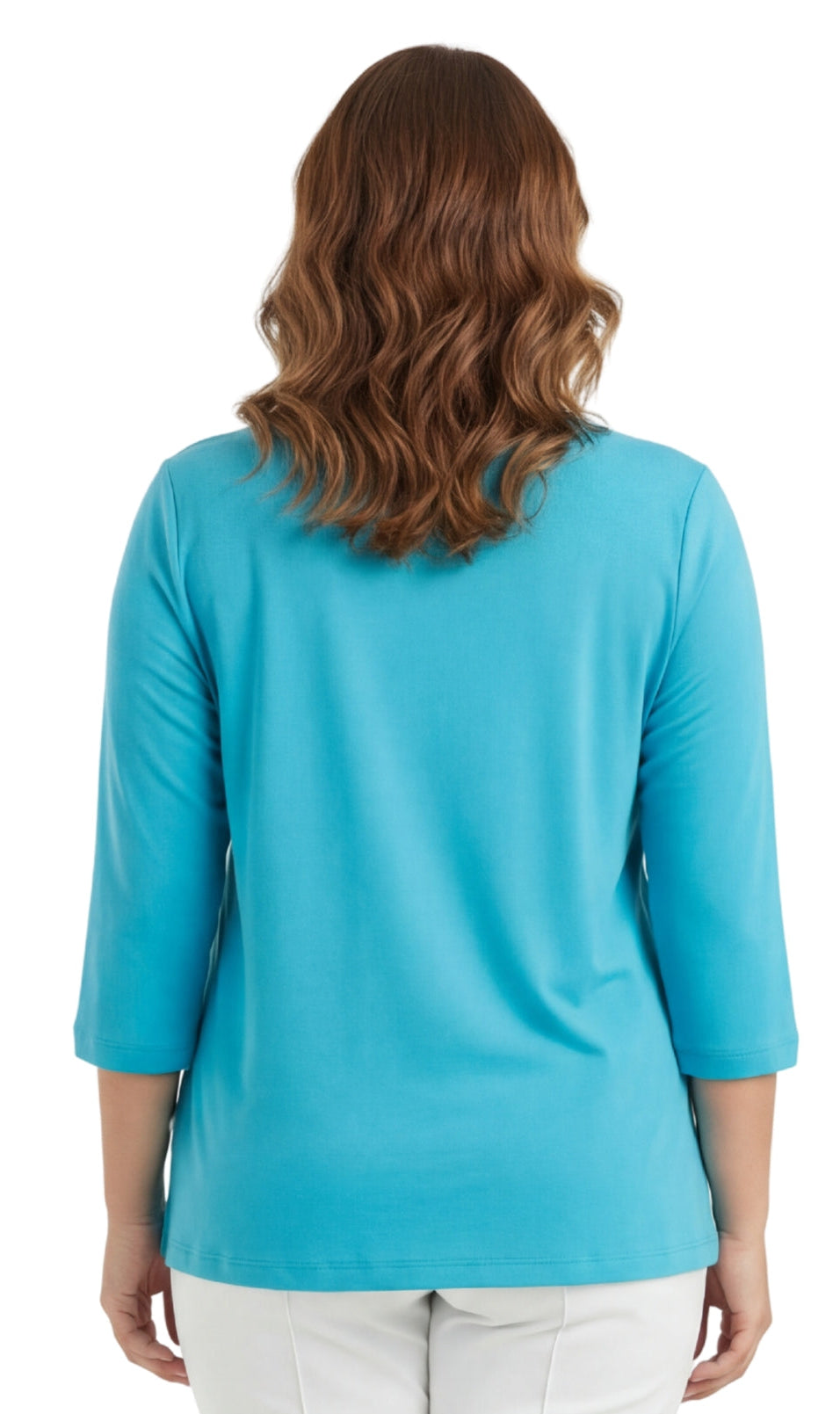 Woman wearing a turquoise top with a white background