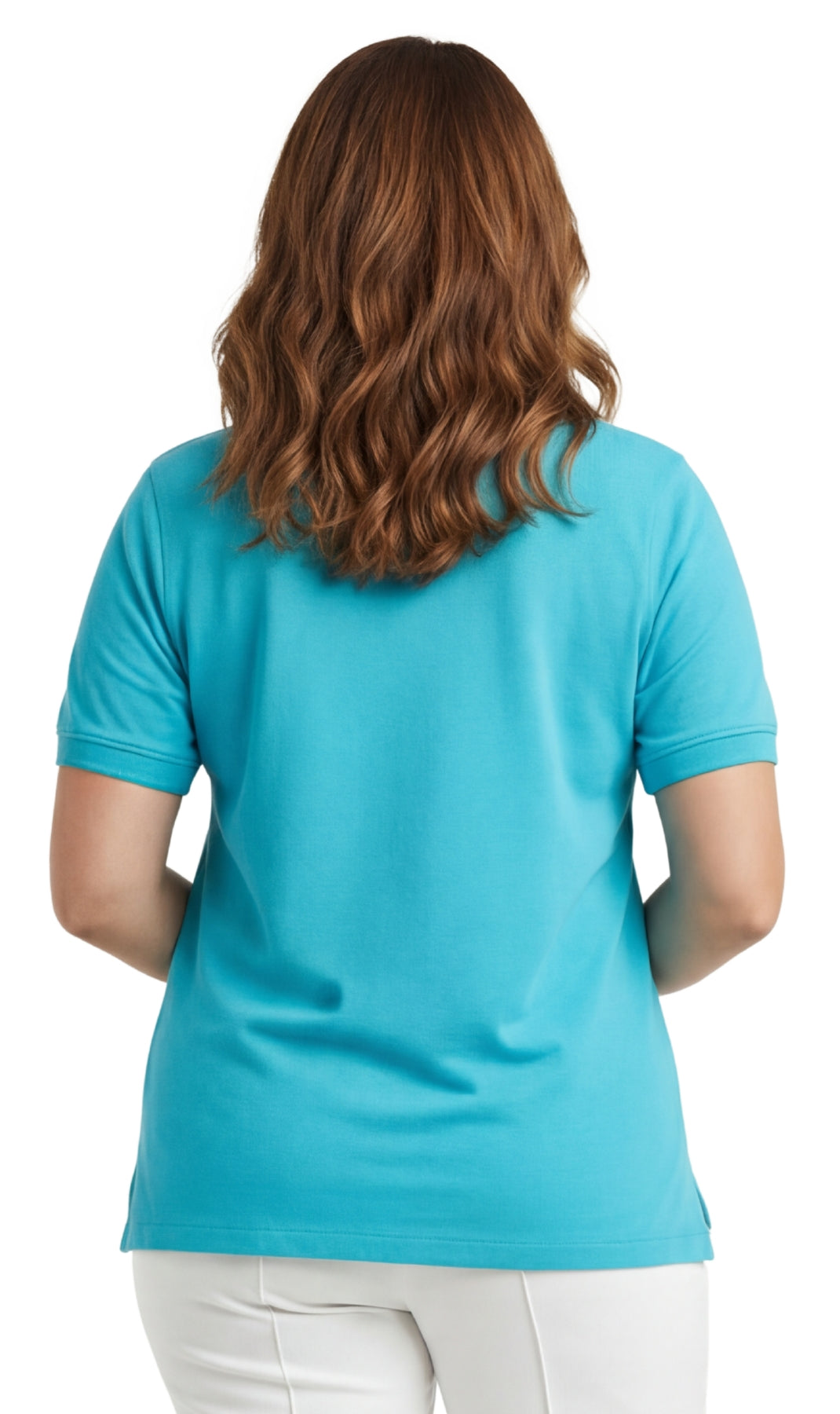 Women's Short Sleeve Pique Knit Polo Shirt in Relaxed Fit Pocketless Jersey 14