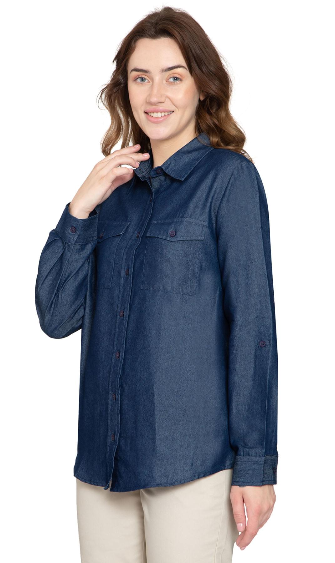 Women's Classic Denim Shirt - Crisp and Tailored for the Urban Cowgirl - DARK WASH - Side -TURTLE BAY APPAREL