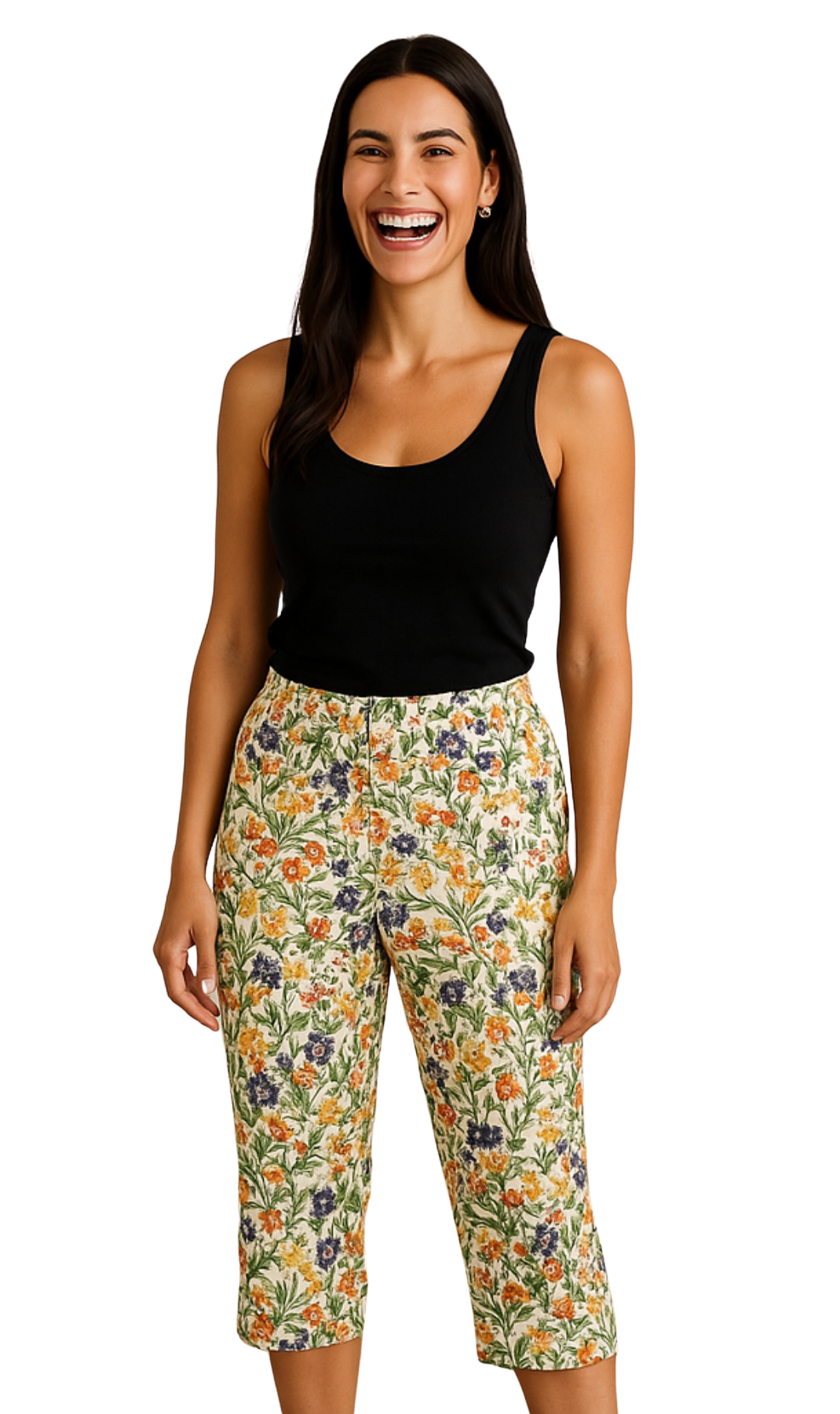 Woman wearing a black tank top and floral pants on a white background