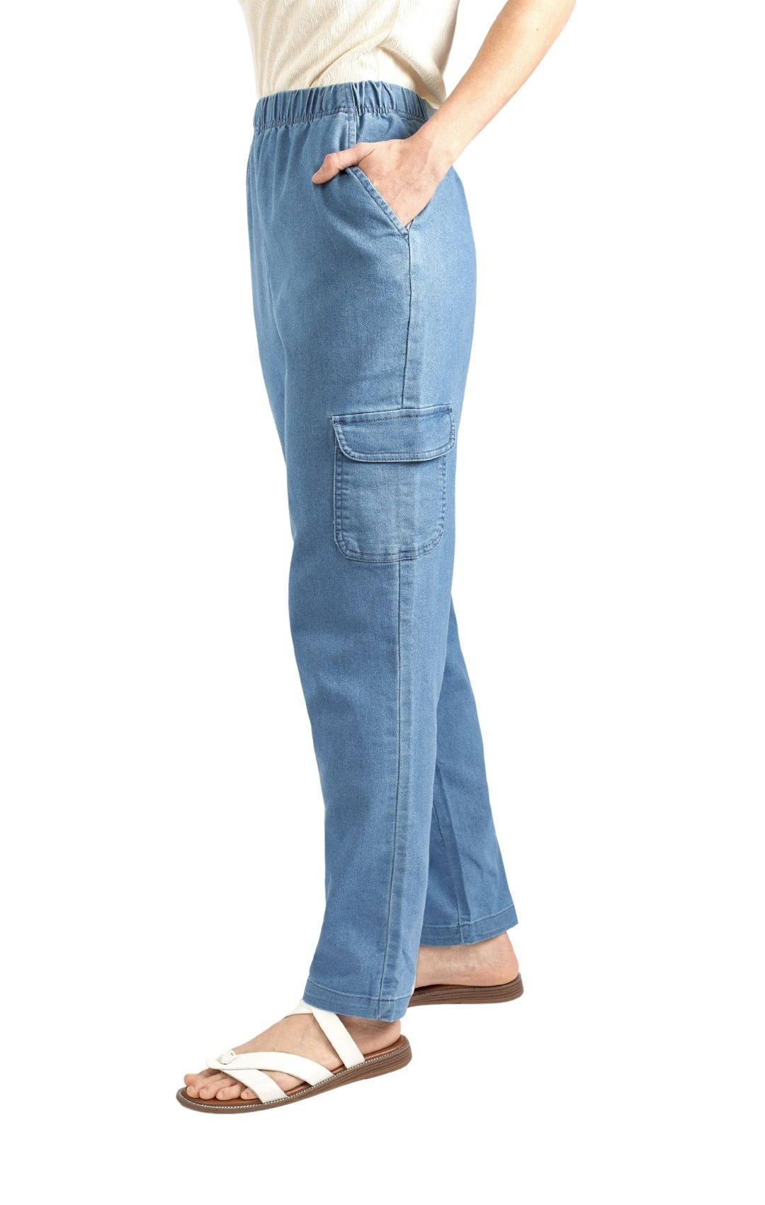 Women's Elastic Stretch Waist Casual Denim Pull-on Cargo Pants Chambrey Side