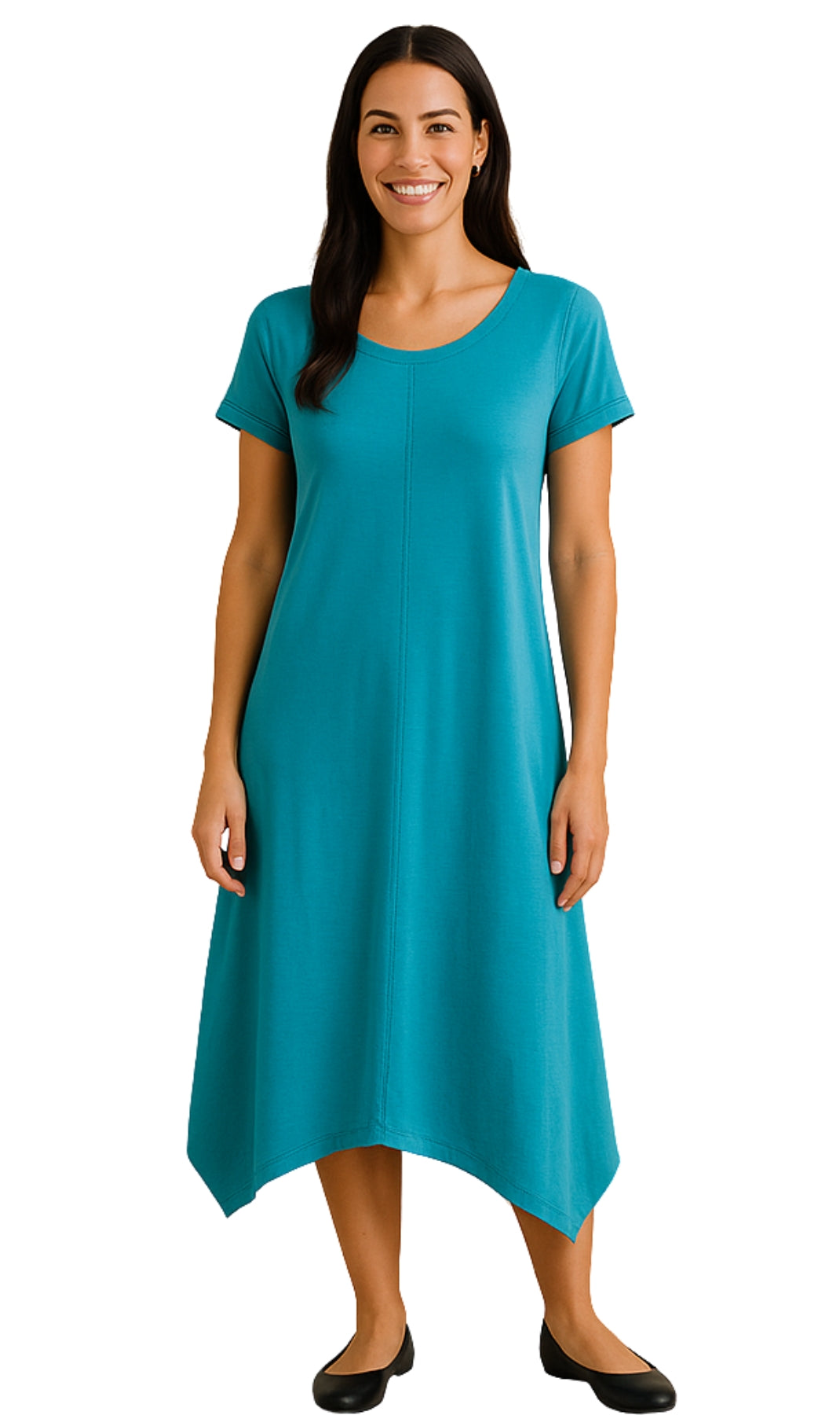 Woman wearing a teal dress on a white background_FULL