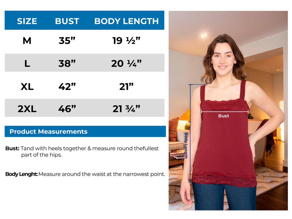 Women's Lacey Trim Cotton Blend Tank top Size Chart