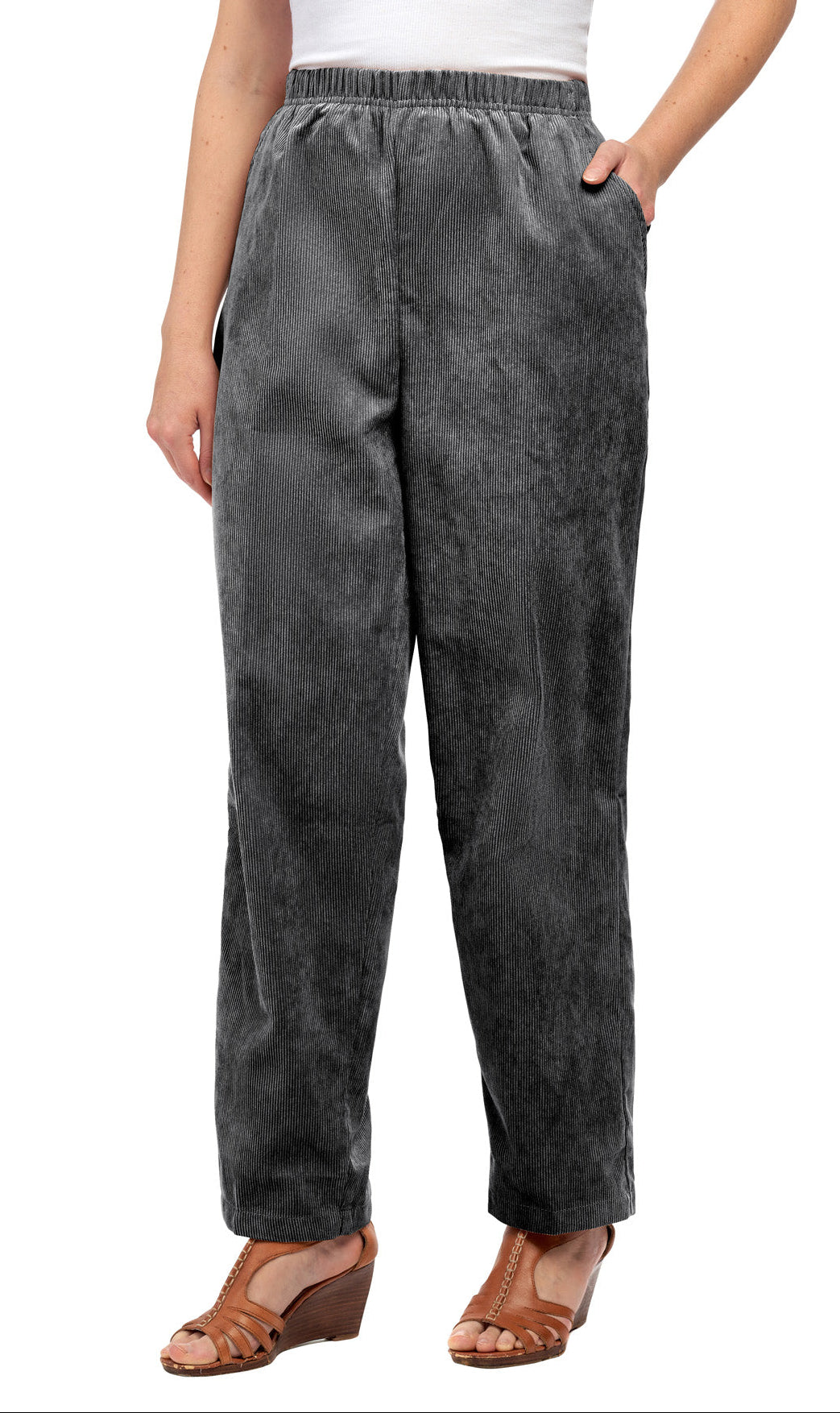 Women's Pull On Corduroy Pants ÔÇô Keep It Cozy in Fine Wale Corduroy - CHARCOAL- Front - TURTLE BAY APPAREL