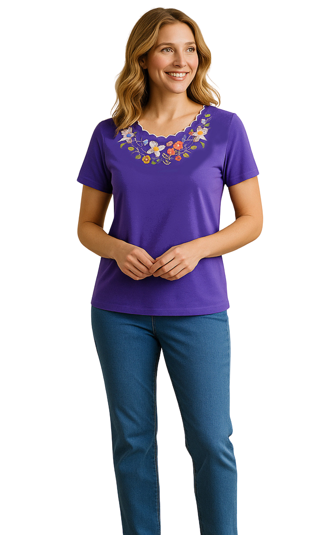 Women's Scalloped Neckline Embellished Tee Lavender full