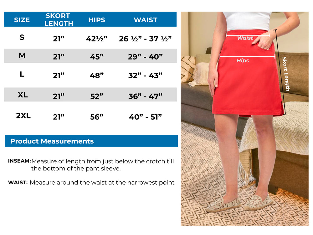 Women's Twill Easy Pull On Skort Size Chart
