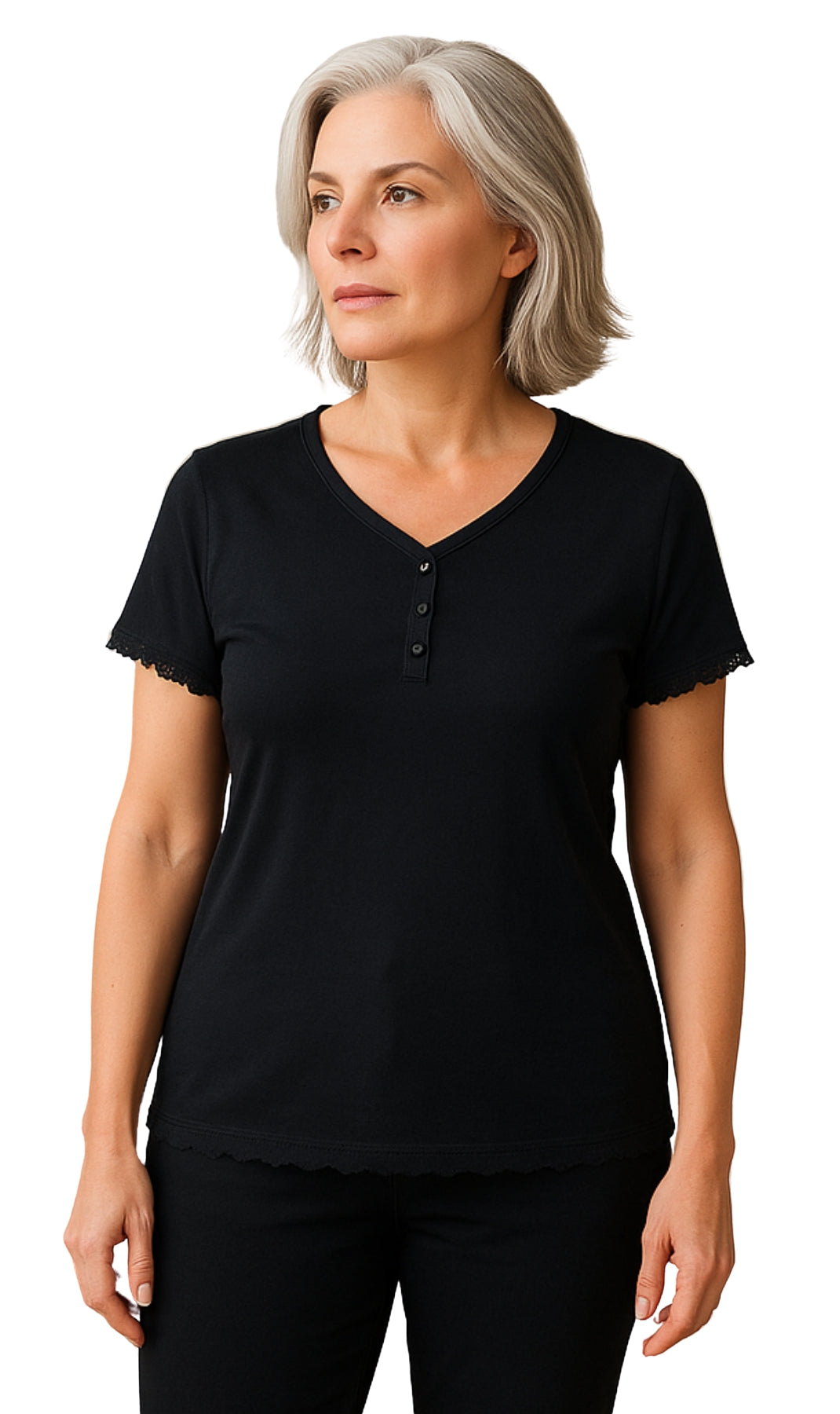 Woman wearing a black short-sleeve shirt on a white background - Front
