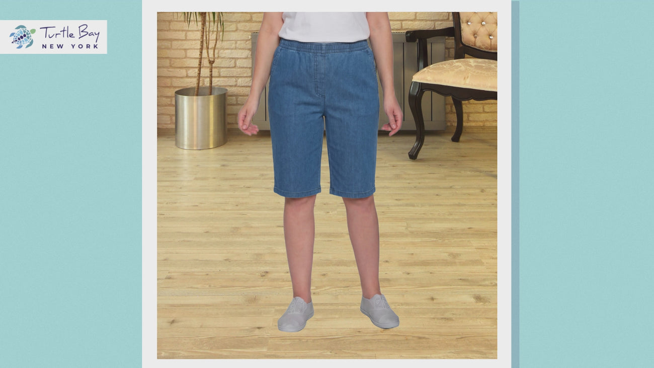 Turtle Bay New York Women's Easy Pull on Bermuda Shorts in Denim and Twill product details