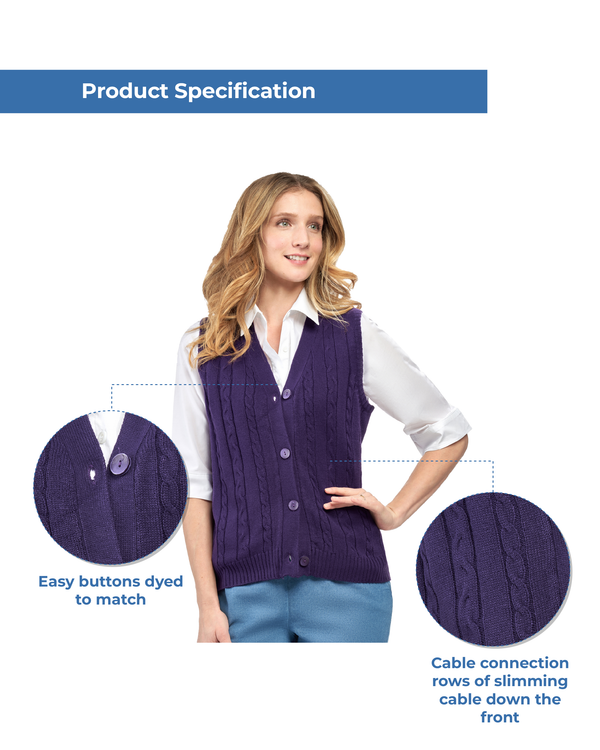 Women's Button Front Cable Knit Cardigan Sweater Vest - Button Up Styling in a Timeless Cable Knit