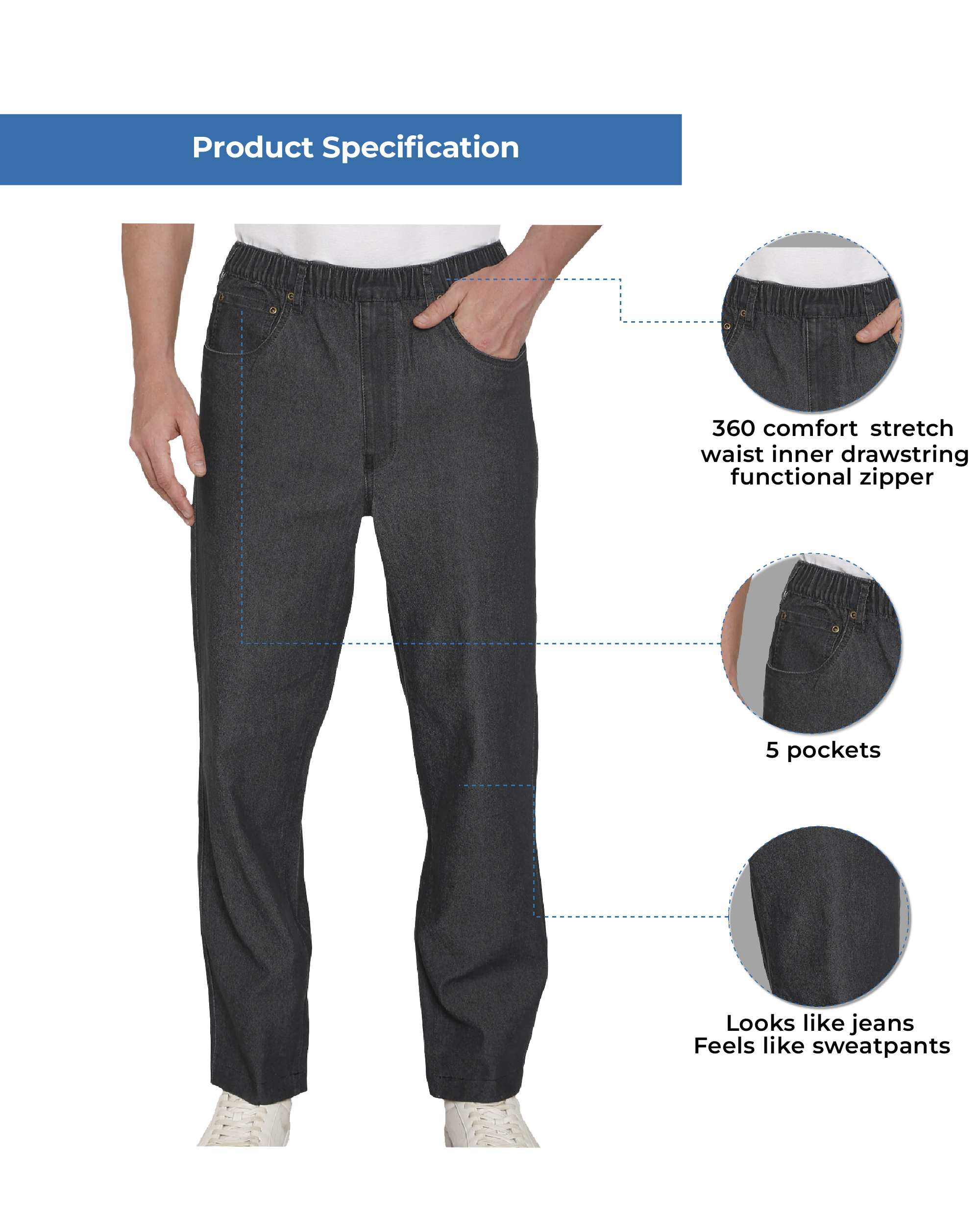 Men's Casual Elastic Waist Denim & Twill Pull on Jeans Pants 4