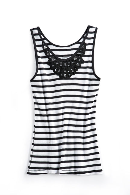 Women's Striped Tank With Crochet Lace Neckline - Flat lay - TURTLE BAY APPAREL