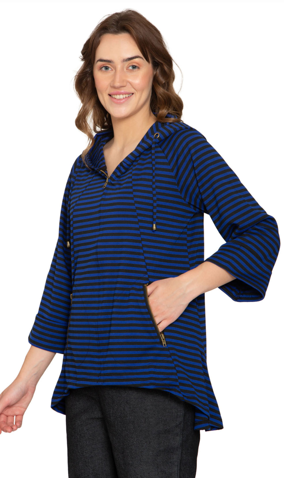 Women's Striped Zip Front High Low Hooded Jacket -Side -  TURTLE BAY APPAREL