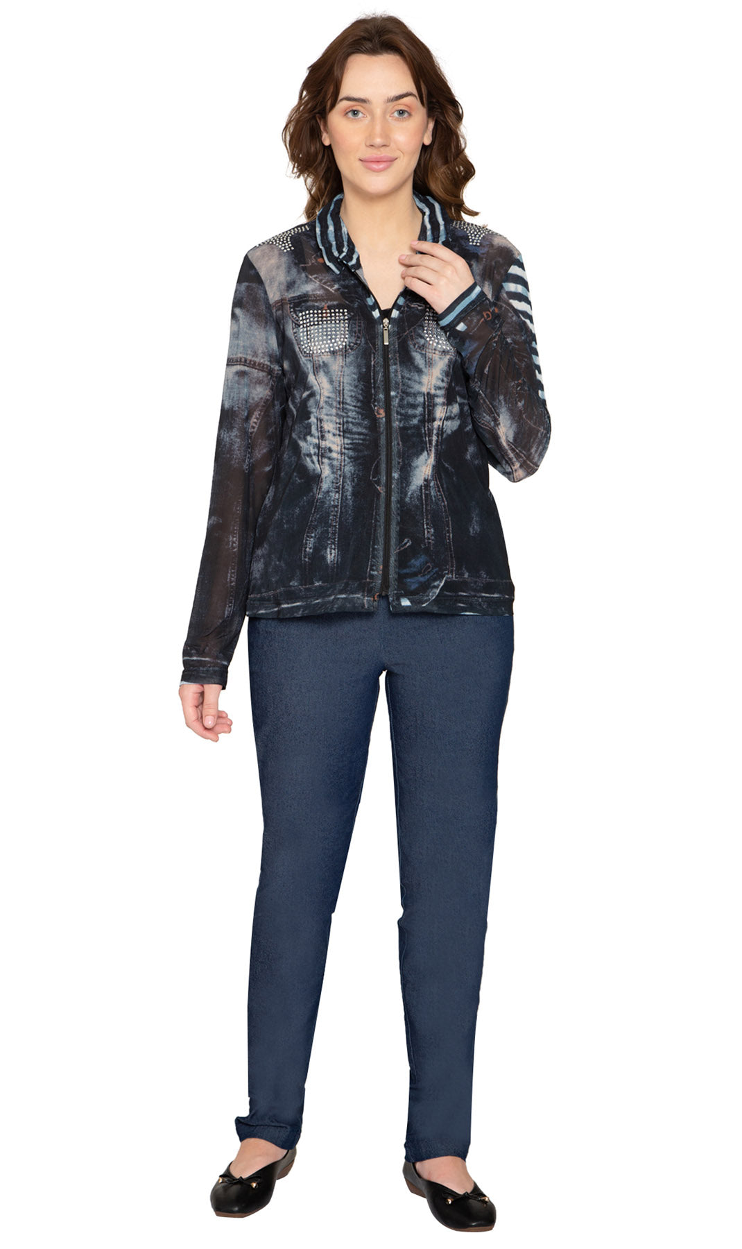 Women's Mesh Denim Look Printed Zip Front Jacket With Rhinestones - Full -  TURTLE BAY APPAREL