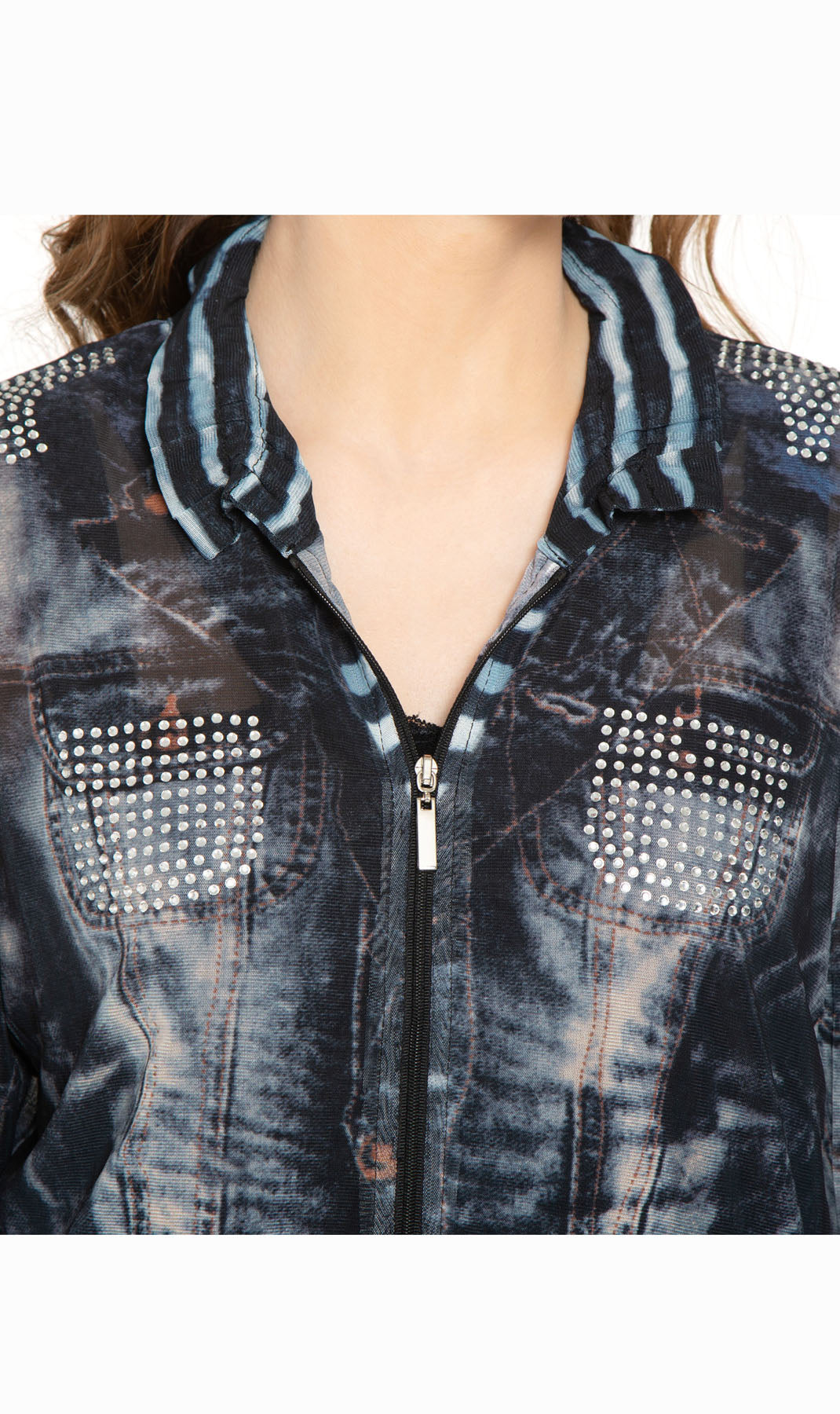 Women's Mesh Denim Look Printed Zip Front Jacket With Rhinestones - Close up - TURTLE BAY APPAREL